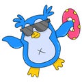 Penguins are getting ready for a vacation on the beach carrying tires for swimming, doodle icon image kawaii