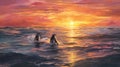 Digital Painting Of Penguins In Sunset Ocean