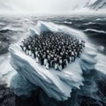 Penguins huddle in face of antarctic storm, on ice shelf