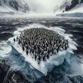 Penguins huddle in face of antarctic storm, on ice shelf