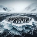 Penguins huddle in face of antarctic storm, on ice shelf