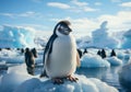 Penguins on an ice floe, icebergs, in polar regions landscape. AI generated