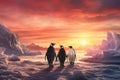 Penguins on the ice floe at sunset. 3d render, A family of penguins navigating through an icy landscape at sunset, AI Generated Royalty Free Stock Photo