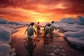 Penguins on the ice floe at sunset. 3d rendering, A family of penguins navigating through an icy landscape at sunset, AI Generated Royalty Free Stock Photo