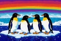 Penguins on an ice floe under a rainbow created with Generative AI