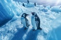 Penguins on the iceberg, antarctica, bird and animal, top view, illustration. Generative AI