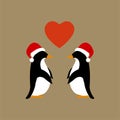 Penguins love each other, christmas hats christmas, vector illustration