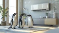 Penguins in a modern living room cool down under the air conditioner on a hot summer day