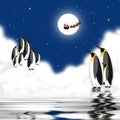 Penguins observing with Santa Claus Flying with Reindeer at night in Artic