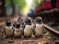 Penguins in police uniforms march together Royalty Free Stock Photo