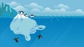 Penguins sliding down giant plastic bag iceberg and diving joyfully underwater.