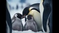 Penguins and their baby, penguin family in the antarctic isolated king penguin, penguins hugging their baby. Generative Ai