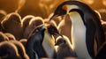 Penguins and their baby, penguin family in the antarctic isolated king penguin, penguins hugging their baby. Generative Ai