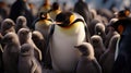 Penguins and their baby, penguin family in the antarctic isolated king penguin, penguins hugging their baby. Generative Ai