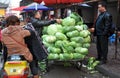 Pengzhou, China: Farmer Selling Cabbages Royalty Free Stock Photo