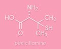 Penicillamine drug molecule. Used as chelating agent and in treatment of rheumatoid arthritis. Skeletal formula.