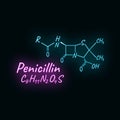 Penicillin antibiotic chemical formula and composition, concept structural drug, isolated on black background, neon style vector