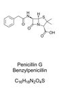 Benzylpenicillin, chemical structure and skeletal formula of penicillin G