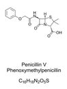 Phenoxymethylpenicillin, chemical structure and skeletal formula of penicillin V