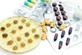 Penicillum colonies and different pills Royalty Free Stock Photo