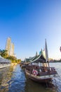 Klongsan,Bangkok,Thailand on 19/2/2019:At private pier of The Peninsula Bangkok Hotel,we can see hotel ferry boats and many buildi Royalty Free Stock Photo