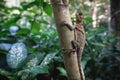 The Peninsular Horned Tree Lizard in tropical lush forest at the botanical garden, Penang, Malaysia Royalty Free Stock Photo