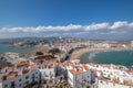 Peniscola port, city from castle Papa Luna, Mediterranean Sea View of the two beaches