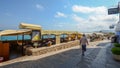 Touristic restaurants overlooking the beautiful turquoise coean at the historical centre of Peniscola, Castellon, Spain Royalty Free Stock Photo