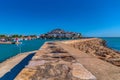 Peniscola Spain port and castle view along harbour wall Royalty Free Stock Photo