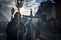 Penitents in an Easter procession during the Holy Week in Antigua, Guatemala Royalty Free Stock Photo