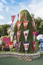 Pennants of national football teams from the World Cup in botanical Dubai Miracle Garden in Dubai city, United Arab Emirates