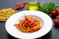 Penne with arrabbiata sauce and fresh ingredients Royalty Free Stock Photo