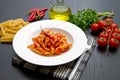 Penne with arrabbiata sauce and fresh ingredients Royalty Free Stock Photo