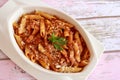 PENNE ARRABIATA PASTA Served in dish isolated on table closeup top view of italian food Royalty Free Stock Photo