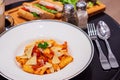 Penne bolognese pastea with sandwitches and coffee Royalty Free Stock Photo