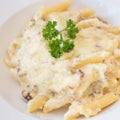 Penne carbonara closeup