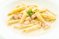 Penne carbonara pasta with salmon