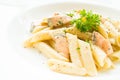 Penne carbonara pasta with salmon