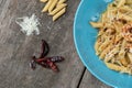 Penne with garlic and oil aglio e olio. Spicy pasta with prawns and cheese