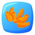 Penne pasta in a blue bowl, orange noodles with a glossy shine. Food illustration, Italian cuisine pasta dish, cartoon