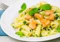 Penne pasta with chicken breast and pesto sauce Royalty Free Stock Photo