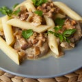 Penne pasta with chicken and chanterelle mushrooms Royalty Free Stock Photo