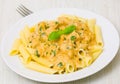 Penne pasta with chicken meat, cream sauce