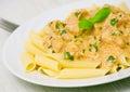 Penne pasta with chicken meat, cream sauce