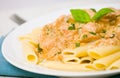 Penne pasta with chicken meat, cream sauce