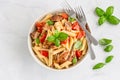 Penne Pasta with Chicken and White Sauce Directly Above Horizontal Photo on White Background Royalty Free Stock Photo