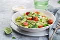 Penne pasta with creamy avocado sauce and tomatoes Royalty Free Stock Photo