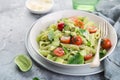 Penne pasta with creamy avocado sauce and tomatoes Royalty Free Stock Photo