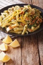 Penne pasta with grilled chicken, fresh herbs and lemon zest close-up. vertical Royalty Free Stock Photo