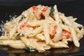 Penne Pasta. Pasta with grilled shrimp marinara sauce, Parmesan cheese and fresh Italian parsley Royalty Free Stock Photo